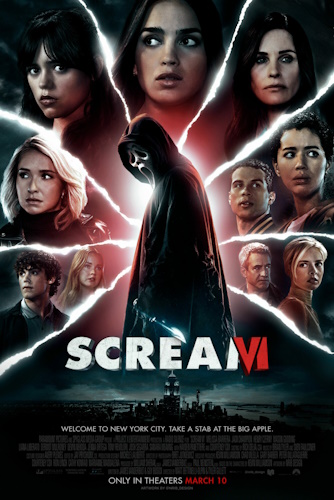 Affiche de Scream VI, Ghostface au milieu, les autres personnages autour